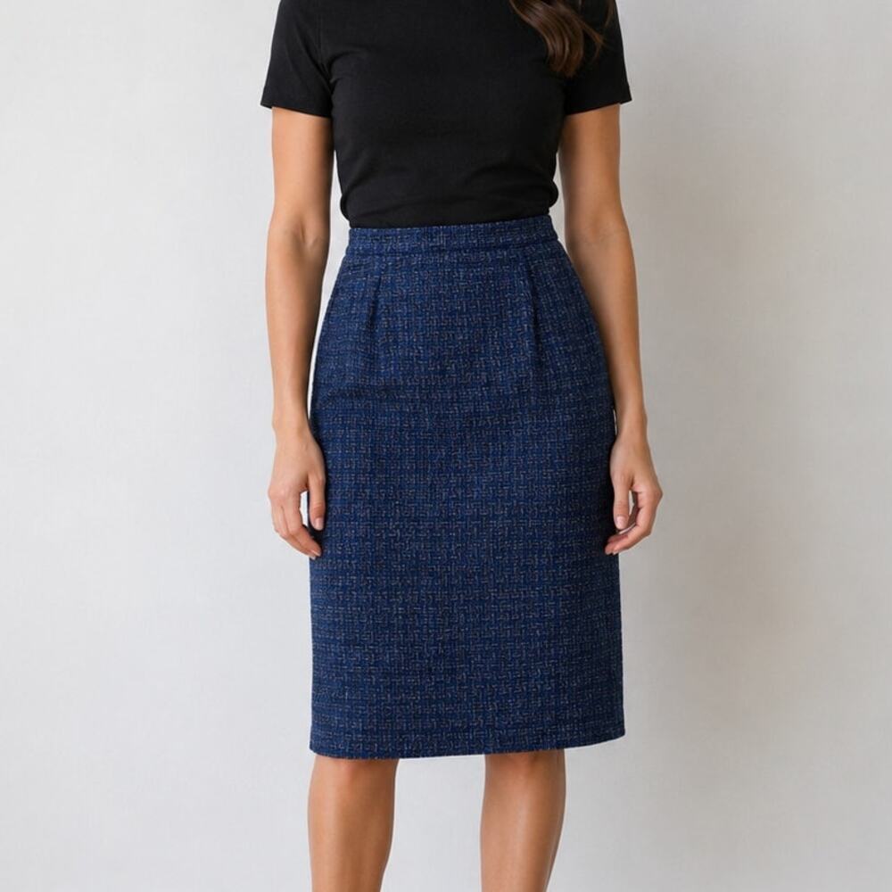 Adolfo Studio Navy Textured Tweed Pencil Midi Skirt
